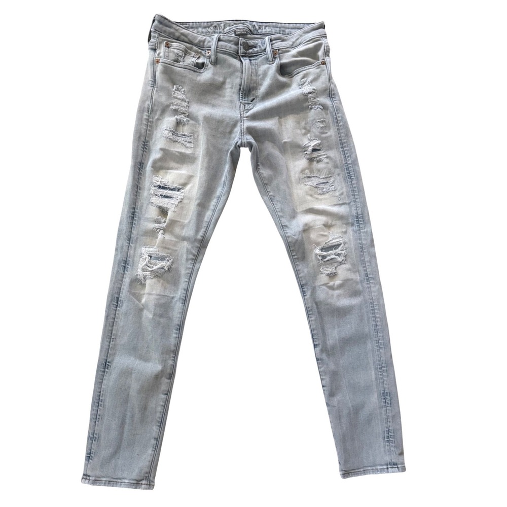 American Eagle Airflex+ Athletic Skinny Stretch Distressed Jeans Lt Blue 31x30